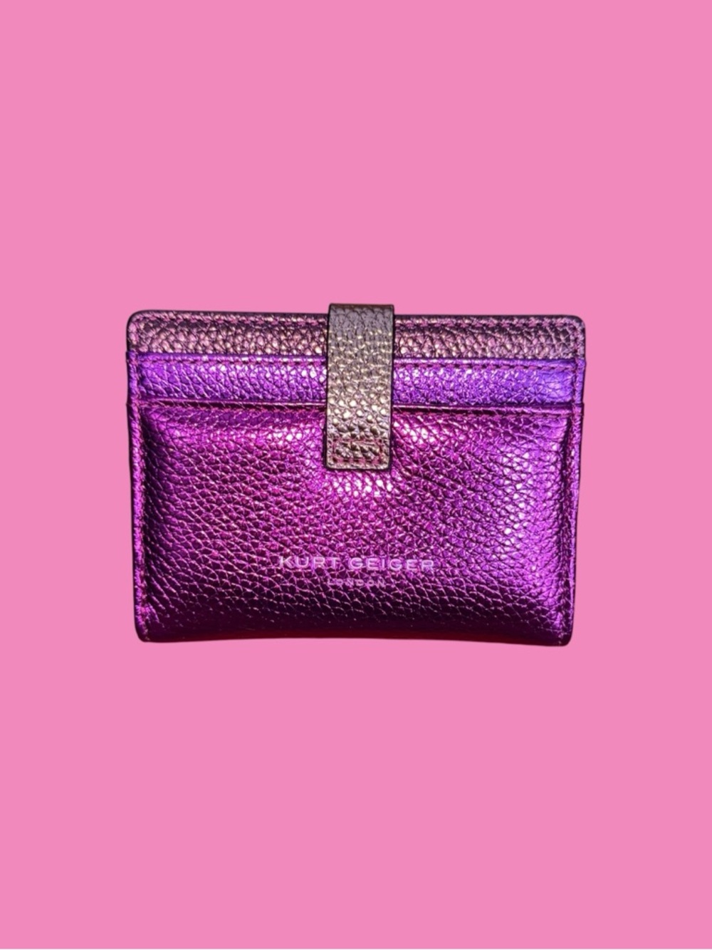 Kurt Geiger Metallic Fuchsia Leather Card Wallet with Gold Strap - Picture 2 of 15